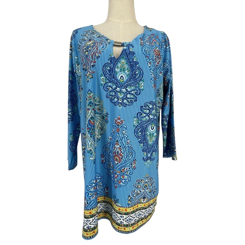 Sunny Leigh Women Blue Paisley Striped Tunic Top XL Resortwear Beach Travel